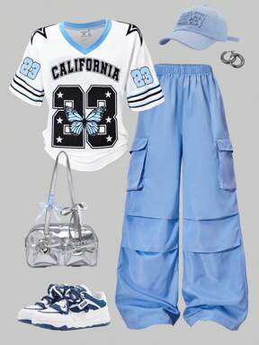 SHEIN 2pcs Tween Girls American Style Raglan Sleeve Graphic Tee & Applique Pocket Cargo Pants Set Girl Y2k Outfit