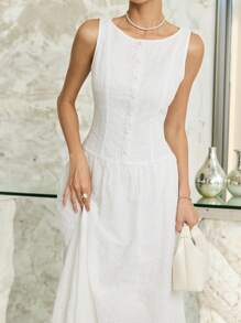 Heiryn Women's Solid Color Hollow Embroidered Sleeveless Dress, Summer - White - View 4