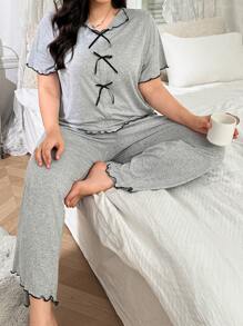 SHEIN Bộ đồ ngủ vải lụa sữa siêu mềm mại, tối giản, thắt nơ, thân thiện với da, cỡ lớn, trang phục - Màu Xám nhạt - Xem 5