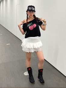 SHEIN 2pcs/Set Teen Girl Casual Simple Comfortable Oblique Shoulder T-Shirt With Ruffled Hem Skirt Set