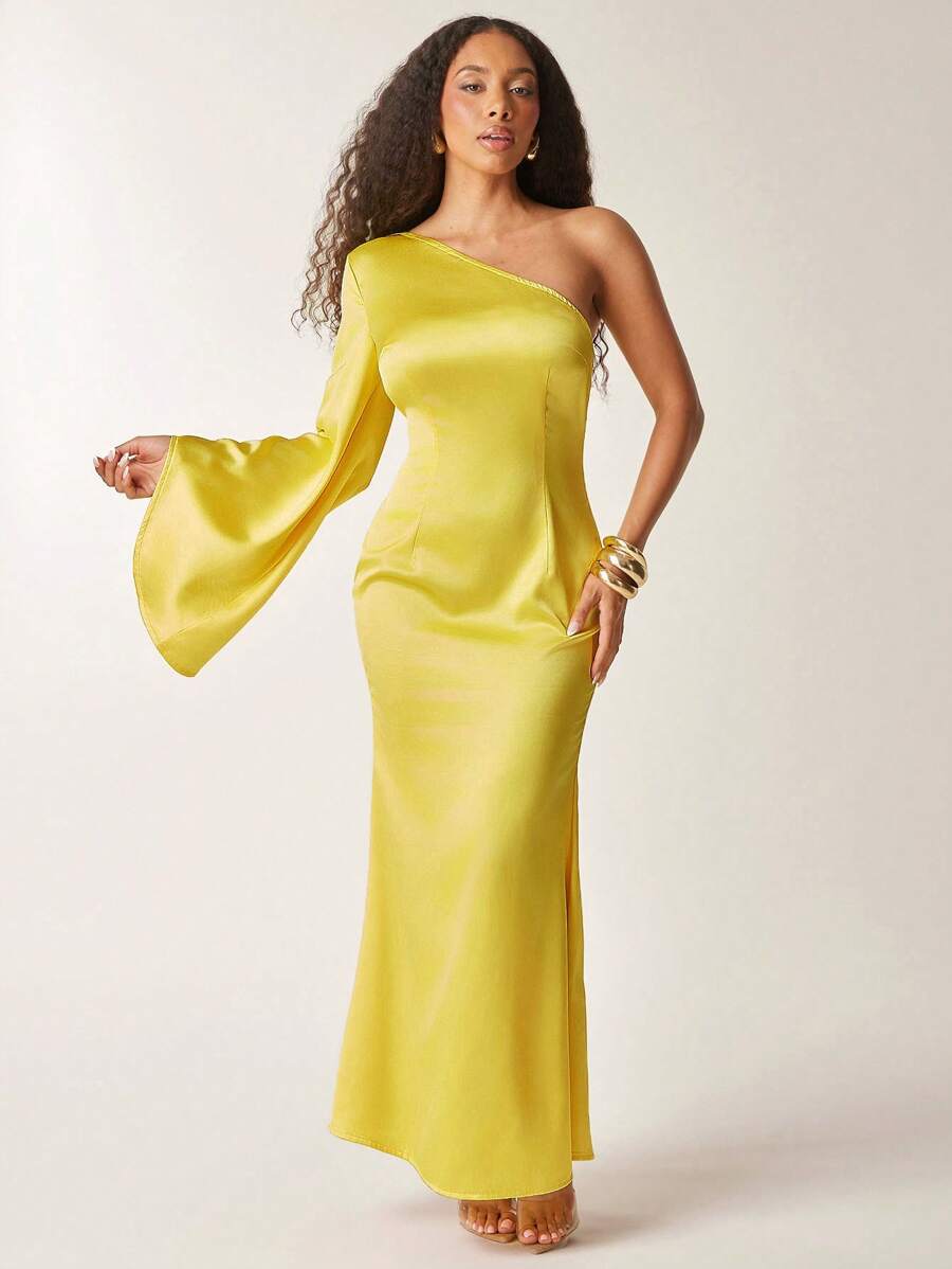 Vixey Solid Satin One Shoulder Bell Sleeve Mermaid Hem Maxi Dress, Summer Dresses For Women, Summer Outfits For Women, Dresses For Women Summer, Summer Clothes For Women, Wedding Guest Dress - Yellow - View 1