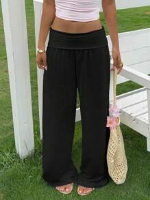 SHEIN EZwear 女士休闲黑色高腰阔腿裤