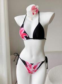 Comfortcana 2pcs Women's Summer Solid Color And Floral Print Bikini Set, Beachwear, Suitable For Vacation Wear