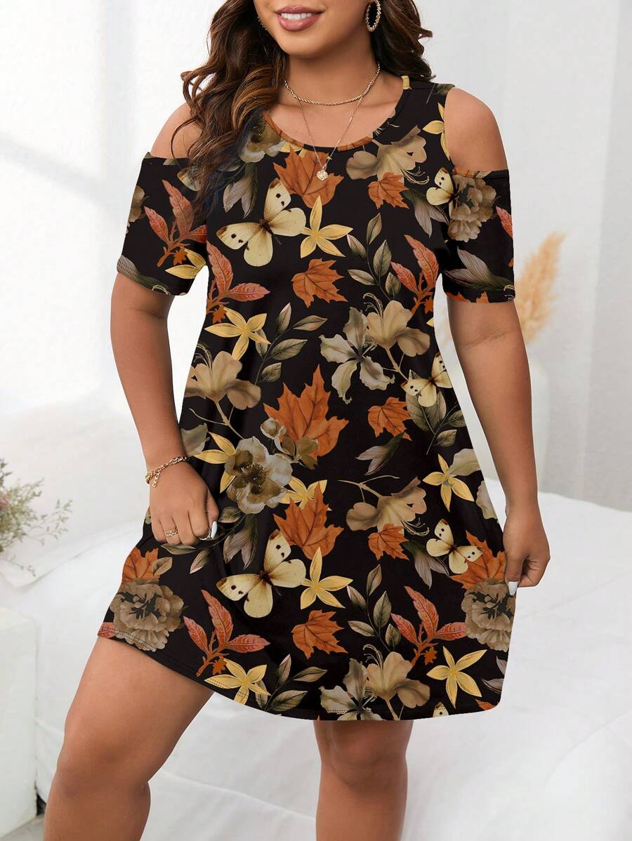 EMERY ROSE Casual Minimalist Fallen Leaves Print Off-Shoulder Short Sleeve Loose Plus Size Dress Suitable For Going Out - Multicolor - View 1