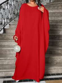 SHEIN Lady Vestido elegante de talla grande de manga larga tipo midi con cuello en V tejido, en negro, en colores de primavera, verano, otoño e invierno, para fiesta de San Valentín, Año Nuevo, boda, vacaciones, con falda esponjosa, vestido de hada - Rojo - Ver 5