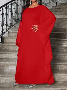 SHEIN Lady Vestido elegante de talla grande de manga larga tipo midi con cuello en V tejido, en negro, en colores de primavera, verano, otoño e invierno, para fiesta de San Valentín, Año Nuevo, boda, vacaciones, con falda esponjosa, vestido de hada - Rojo - Ver 8