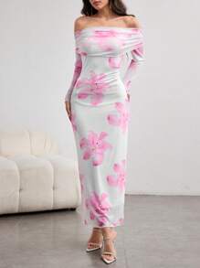 Modelyn 女士加长露肩浪漫热带花卉印花弹力网眼优雅度假修身连衣裙 - 彩色 - 查看 6