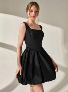 CLARA VERO Vestido corto globo de cintura alta con tirantes negros, vestido elegante para fiesta de graduación