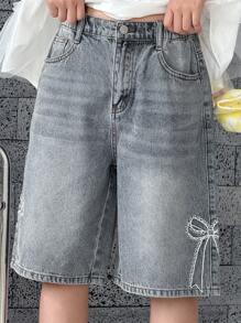 DAZY 夏季女童休闲水洗牛仔短裤，蝴蝶刺绣装饰 - 藍色 - 查看 6