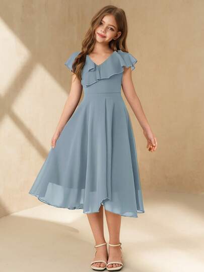 SHEIN Elegant minimalistisk modeklänning med V-ringning, volangkrage, ärmlös, hög midja, medellång, enfärgad chiffongklänning, blå, sommarklänning för flickor, examens-/bröllopsklänning för brudeflicka