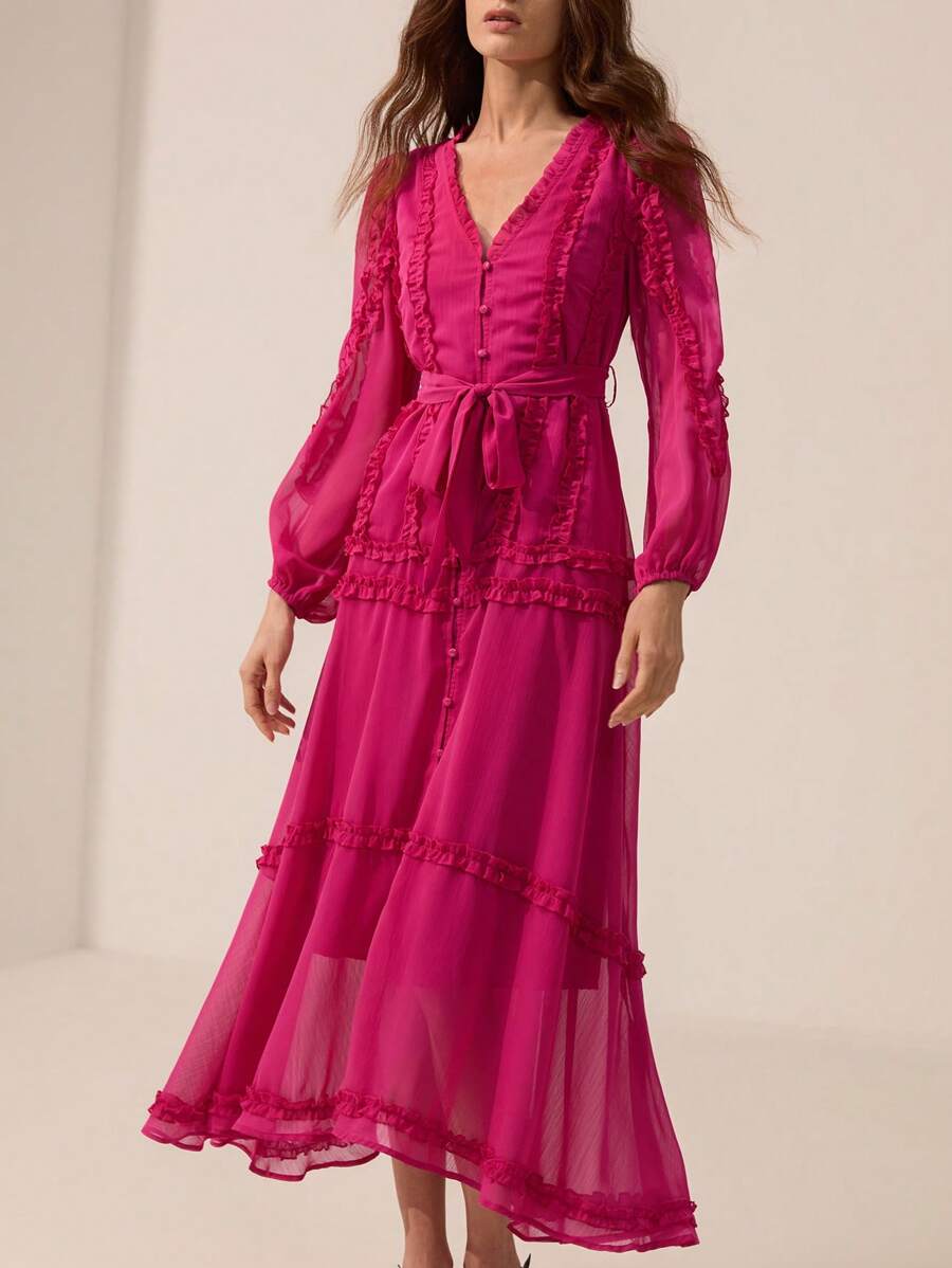 Aveloria Rosie 优雅法式风情V领拼接荷叶边开襟束腰长袖连衣裙，女士款 - 奢华度假及约会之夜秋季佳品 - 玫紅色 - 查看 1