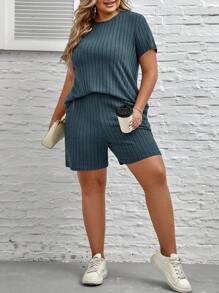 SHEIN LUNE 2件套大码女式夏季纯色圆领短袖T恤和短裤休闲套装 - 霧霾藍 - 查看 4
