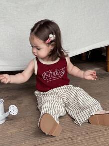 Hapijoa 2件套婴幼儿女童圆领吊带背心和宽松条纹阔腿裤家居服套装 - 紅色 - 查看 6