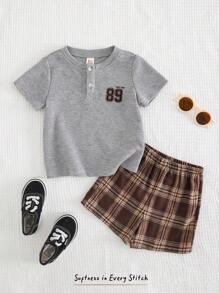 Cozy Pixies 2pcs/Set Baby Boy Knit Soft Number Graphic Crew Neck Short Sleeve Pullover Top & Plaid Elastic Waist Shorts Set - Multicolor - View 4
