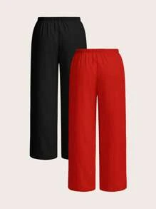 SHEIN EZwear 2件套大码女式系腰阔腿宽松裤 - 紅色 - 查看 5