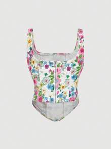 SHEIN MOD 女式花卉图案方领无袖牛仔衬衫，夏季