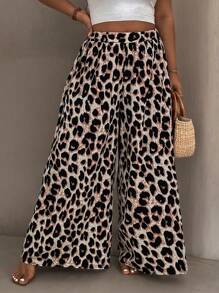 SHEIN PETITE CURVE Große Größen Loose Leopard Muster Urlaubs- & Lässig Weite Hose - Braun - Übersicht 5