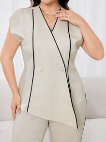 Modelyn 加大码夏季优雅撞色边双排扣不对称下摆上衣和裤子两件套 - 彩色 - 查看 1