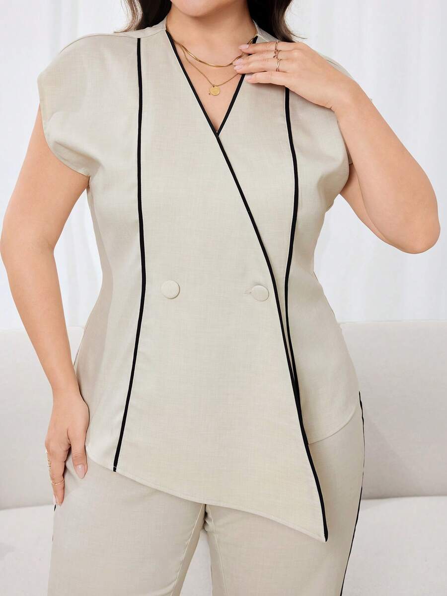 Modelyn 加大码夏季优雅撞色边双排扣不对称下摆上衣和裤子两件套 - 彩色 - 查看 1