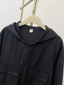 SHEIN 少女纯色贴袋宽松休闲连帽外套，秋季，万圣节，荧光色，假日/返校/开学第一天/万圣节，荧光色，秋季，冬季，秋季 - 黑色 - 查看 8