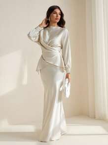 SHEIN Tall Long Sleeve Elegant Top And Fitted Skirt 2-Piece Set - Beige - View 5