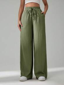 SHEIN Tall Women's Casual Solid Color Straight Leg Pants - Green - View 6