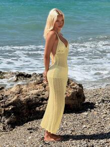 SHEIN ICON 女式夏威夷海滩黄色露背毛衣性感露背吊带针织泳衣罩衫连衣裙，夏季 - 黃色 - 查看 4