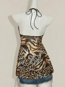 SHEIN ICON Áo ba lỗ lưới chắp vá họa tiết động vật bất đối xứng hở lưng cho nữ - Nhiều màu - Xem 2