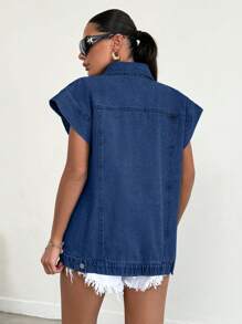 RueChic 100%Cotton Elastic Band Detailed, Rigid Vest - Medium Wash - View 2