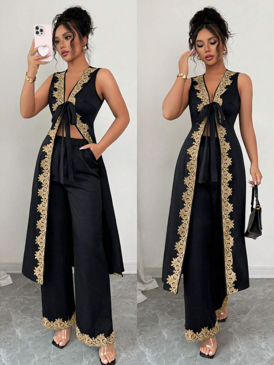 Selianne 2 件套女士夏季 V 领蝴蝶结无袖花卉蕾丝边长上衣和阔腿裤 - 黑色 - 查看 1