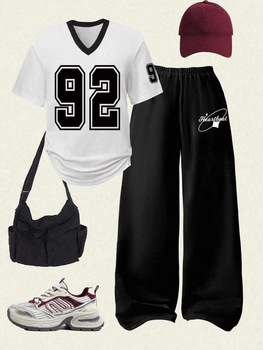 SHEIN Explorewe Conjunto informal de dos piezas de pantalones deportivos de pierna ancha y blusa de manga corta y cuello en V con estampado digital para chica universitaria - Multicolor - Ver 1