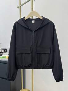 SHEIN 少女纯色贴袋宽松休闲连帽外套，秋季，万圣节，荧光色，假日/返校/开学第一天/万圣节，荧光色，秋季，冬季，秋季 - 黑色 - 查看 10