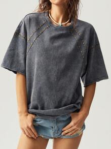 Bohemela 大码女装夏季休闲街头铆钉装饰落肩宽松水洗T恤纯棉上衣，镶钻上衣，假日女装 - 深灰色 - 查看 7