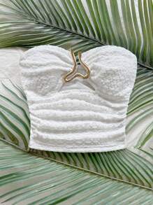 Soleia Plus Size Women Knitted Texture Strapless Crop Top With Hollow Out Heart Shaped Metal Buckle Decor, Fitted Slim Silhouette, Suitable For Party, Date, Afternoon Tea, Beach Resort, Music Festival, Carnival,Going Out Tops White Tube Top White Bandeau Top White Strapless Top Summer Tube Top White Textured Tube Top - White - View 4