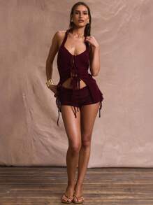 MUSERA Quần short siêu ngắn buộc dây bên hông, chất liệu vải sần, thích hợp mặc đi biển, thanh lịch, lãng mạn, lễ hội, Ibiza, Sagrada, buổi tối, phong cách thường ngày. - Màu Đỏ Sâu - Xem 2