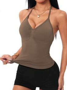 Easithlete Women's Plain Color Ruched Casual Sports Top - Brown - View 1