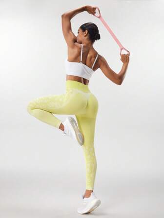 SHEIN Sports 1pc Set: Regular Pants + Moisture-Wicking Fabric / Ribbed Design + Contrast Color Design / Basic / Yellow + Athletic Leggings + Fitness/Yoga