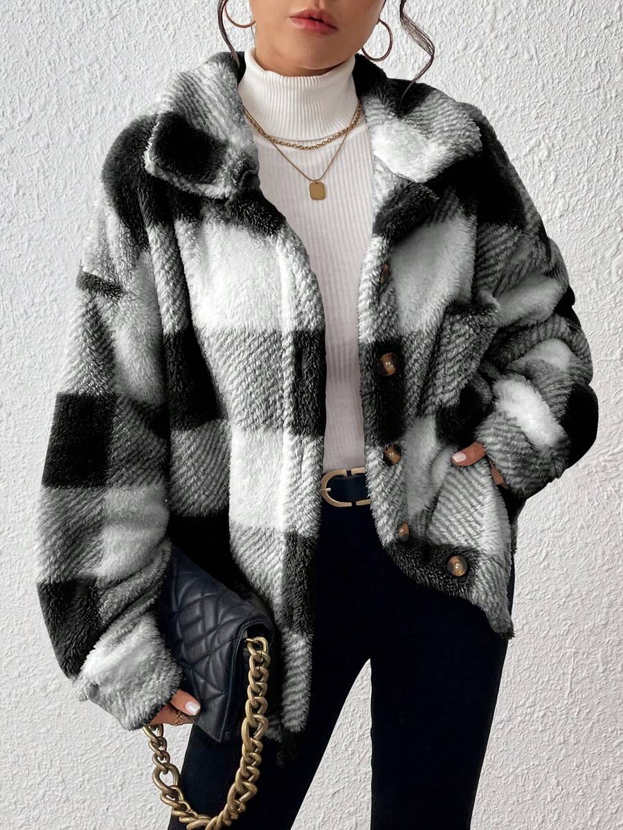 INAWLY 女士休闲格子毛绒夹克，秋冬 - 黑與白 - 查看 1
