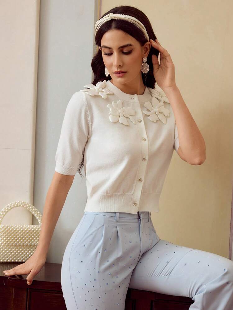 ZEYLAH Elegant 3D Floral Decor Crew Neck Cardigan Top