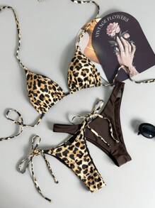 Swim Vcay 3pcs/Set Halter Sexy Leopard Bikini With Criss-Cross Straps, Detachable Set For Summer Beach Vacation - Multicolor - View 1