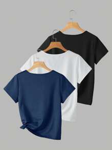 INAWLY Set de 3 camisetas de verano de mujer con cuello en V de moda versátil - Multicolor - Ver 2