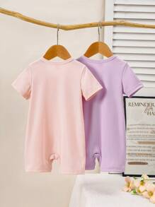 Set de 2 piezas Mono de manga corta ajustado con estampado de dibujos animados para bebés niñas, verano - Multicolor - Ver 2