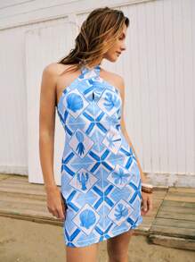 Maija Vestido corto de verano casual de estilo playero, sin mangas con cuello cruzado, de sensación de lino y estampado floral azul, favorecedor y versátil - Azul - Ver 3