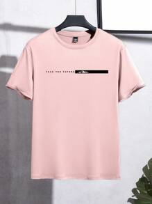 Manfinity Homme maglietta casual da uomo slim fit a maniche corte con scollo tondo, con slogan e stampa di montagne, per l'estate