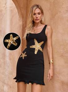 Lavishia Sequin Starfish Sleeveless Tank Top & Frill Trim Mini Dress For Women Beach Outfits For Woman Beach Dress Beach Vacation Outfits Beach Essentials Party Dress Starfish Sequin Dress Vacation Outfits Airport Summer Honeymoon Woman Dress For Women Boho - Multicolor - View 1