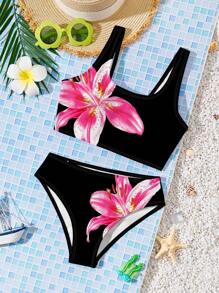 Ensemble de bikini à fines bretelles avec imprimé floral d'hibiscus, frangipanier et lys, décontracté et minimaliste, pour les préadolescentes, adapté pour les vacances à la plage en été