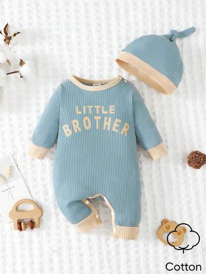 SHEIN Baby Boys Letter Graphic Contrast Trim Jumpsuit & Hat