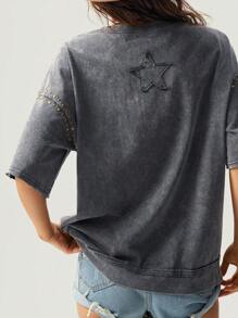 Bohemela 大码女装夏季休闲街头铆钉装饰落肩宽松水洗T恤纯棉上衣，镶钻上衣，假日女装 - 深灰色 - 查看 2