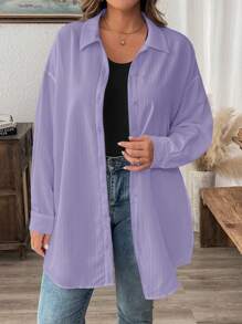 SHEIN LUNE 冬季服装纹理休闲大码纯色夏季长袖衬衫 - 淡紫色 - 查看 4