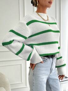 EURMUSE Striped Pattern Drop Shoulder Sweater - Green - View 5